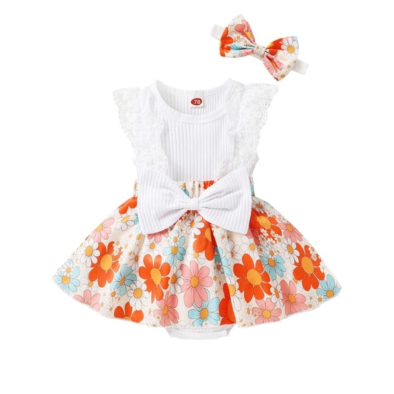 HWJAD Baby Girl Summer Clothes Outfits Sleeveless Lace Floral Romper Dress Newborn Jumpsuits Headband Set