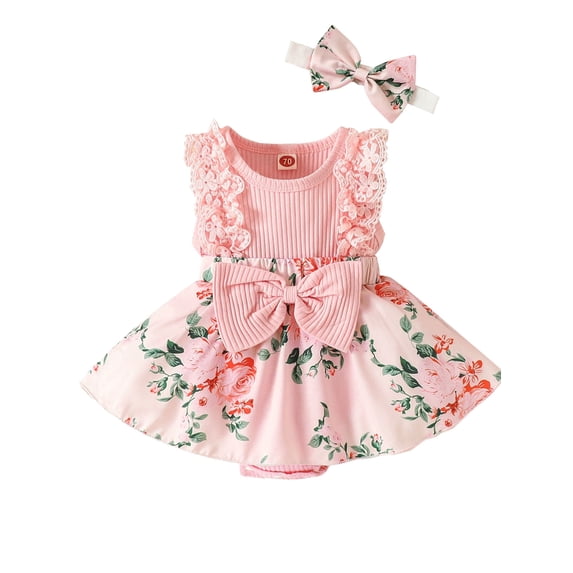 HWJAD Baby Girl Summer Clothes Outfits Sleeveless Lace Floral Romper Dress Newborn Jumpsuits Headband Set