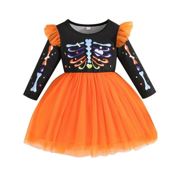 ENFLASH Baby Girls Orange Halloween Skeleton Print Dress - Toddler Girl Irregular Tutu Dresses for Kids 9M-5Y