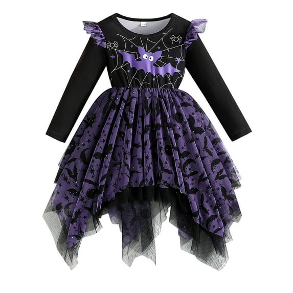 ENFLASH Baby Girls Purple Halloween Bat Print Dress - Toddler Girl Irregular Tutu Dresses for Kids 9M-5Y