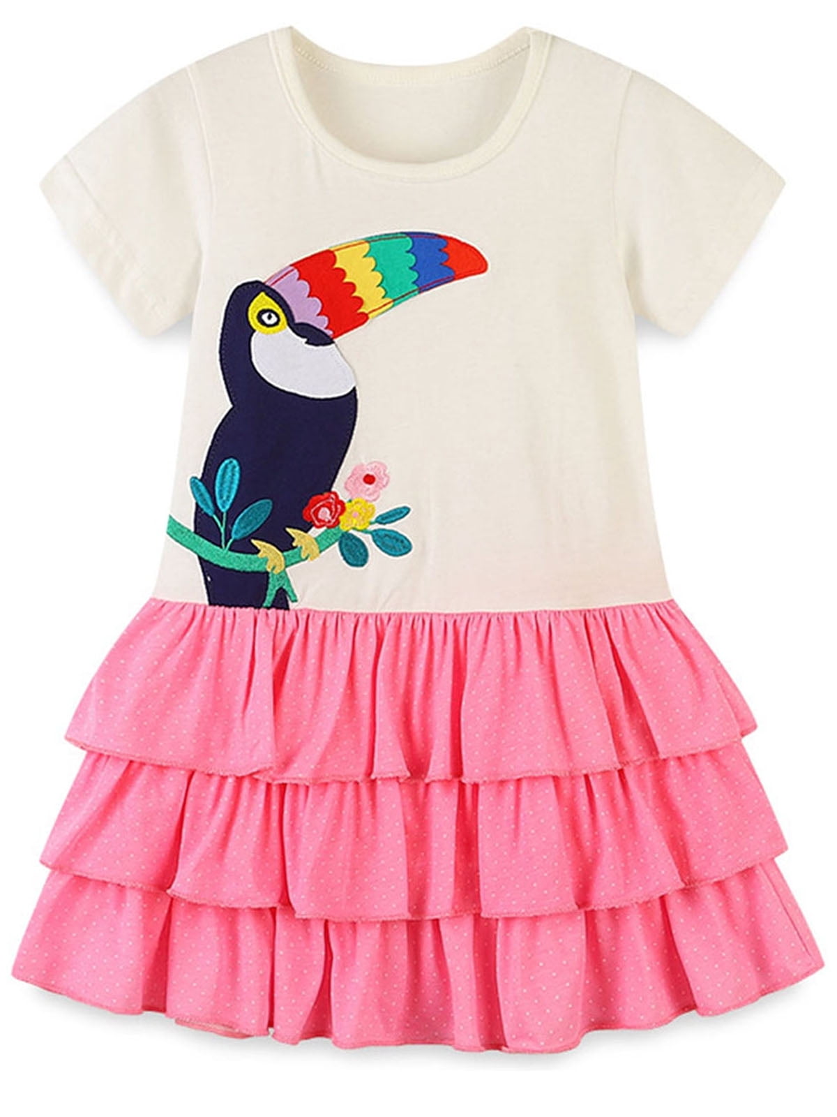 Summer Arrival Cartoon Animals and Floral Pattern Fly Sleevels Dress for Stylish Girls