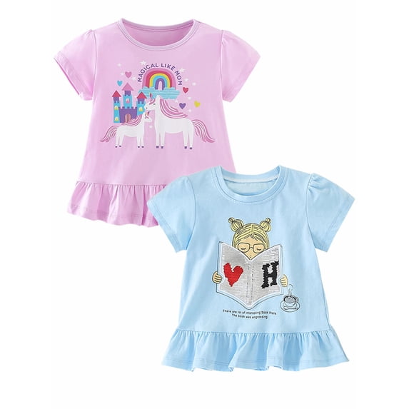 ENFLASH Girls and Toddlers' Short-Sleeve Graphic T-Shirts Summer Crewneck Kids Tee Tops, 2 Pack