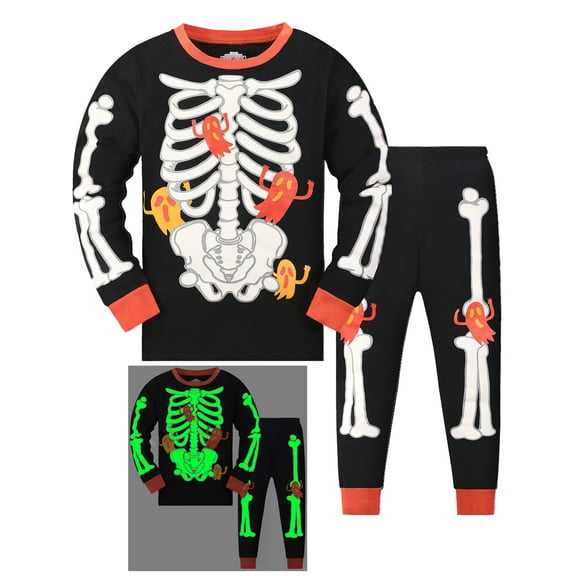 WIBACKER Halloween Little Boy Girl Glow-in-the-Dark Sleepwear Cotton Toddler Kids 2-Pieces Pajamas Sets,Skeleton Ghost,3Y