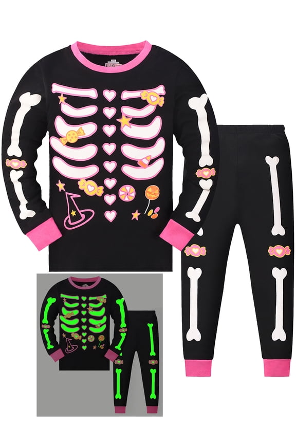 Halloween Little Boy Girl Glow-in-the-Dark Sleepwear Cotton Toddler Kids 2-Pieces Pajamas Sets,Skeleton 9Y