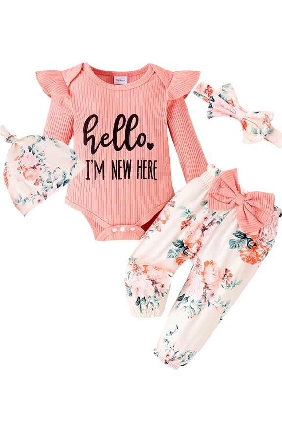 Hello I'M New Here Newborn Outfit Baby Girl Going Home Outfit Ruffle Romper Top Floral Pants Set Cute Fall Winter Clothes