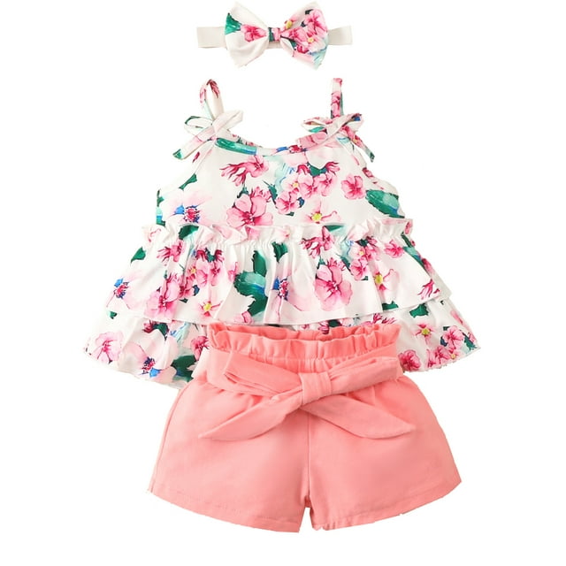 Baby Girl Floral Print Pattern Belt Design Sling Tops Combo Shorts Swimsuit Sets In Summer