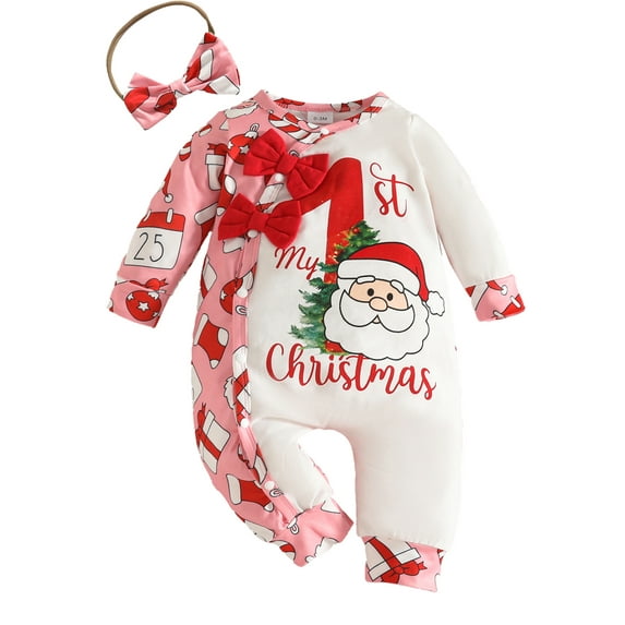 ENFLASH Infant Newborn Baby Girl My 1st Christmas Clothes Santa Jumpsuit for Baby Girl Long Sleeve Double Bow Romper with Headband