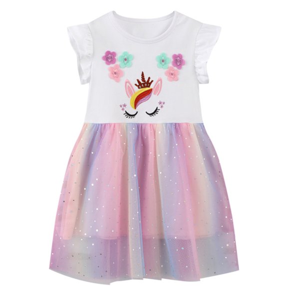 ENFLASH Little Girls Dress Flutter Sleeve Toddler Summer Unicorn Sundress Kids Tulle Party Dresses