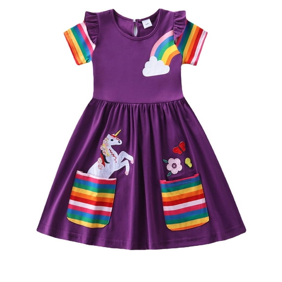 WIBACKER Little Girls Summer Cotton Rainbow Unicorn Casual Dress Kids Short Sleeve Cartoon Dresses