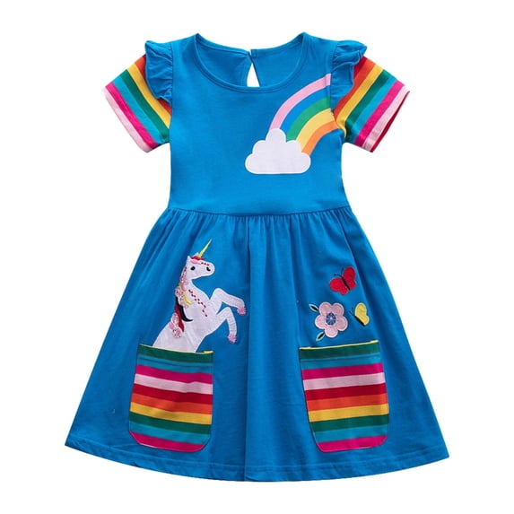 HWJAD Little Girls Summer Cotton Rainbow Unicorn Casual Dress Kids Short Sleeve Cartoon Dresses