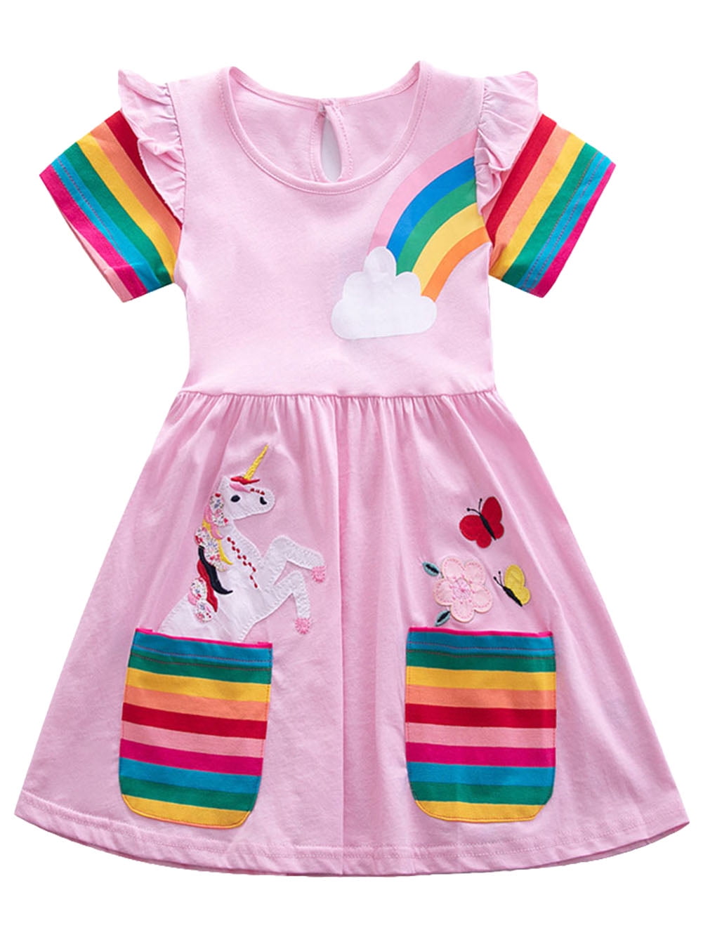 Summer Arrival Cartoon Unicorns Pattern Short Sleeves Dress for Stylish Girls