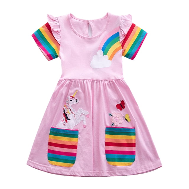 Spring And Summer Baby Girls Short Sleeves Floral Unicorn Cartoon Chiffon Dress