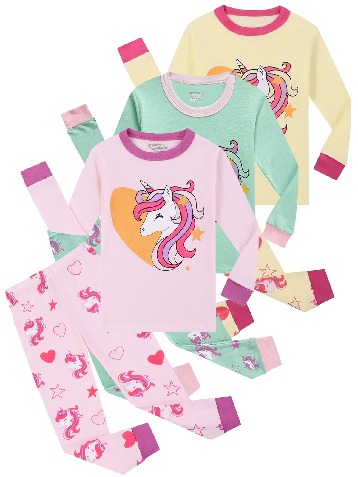 ENFLASH Little Girls Unicorn Pajamas Sets 100% Cotton Long Sleeve Pjs 2 ...