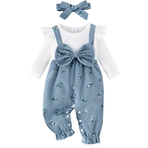 HWJAD Newborn Baby Girl Clothes Fall Winter Floral Onesie Long Sleeve Romper Infant Jumpsuit Cute Bow Outfits