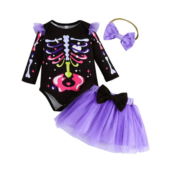 ENFLASH Newborn Baby Girl Halloween Outfit Colorful Skeleton Halloween Clothes Long Sleeve Romper+Tutu Skirt+Headband 3Pcs