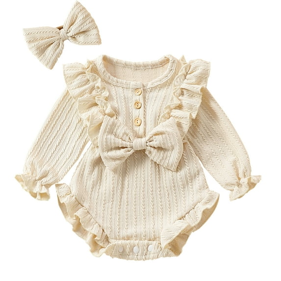 ENFLASH Newborn Baby Girl's Bubble Romper Ruffle Long Sleeves Bowknot Bodysuit One Piece Button Up Outfits Clothes for Spring Fall