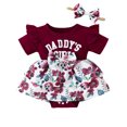 thumbnail image 1 of ENFLASH Newborn Baby Girls Summer Mama's Girl Romper Dress Infant Bowknot Floral Print Skirt Hem Ribbed Jumpsuit Headband, 1 of 9