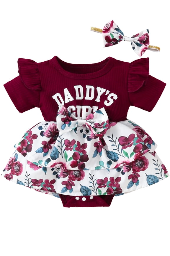 Newborn Baby Girls Summer Mama's Girl Romper Dress Infant Bowknot Floral Print Skirt Hem Ribbed Jumpsuit Headband