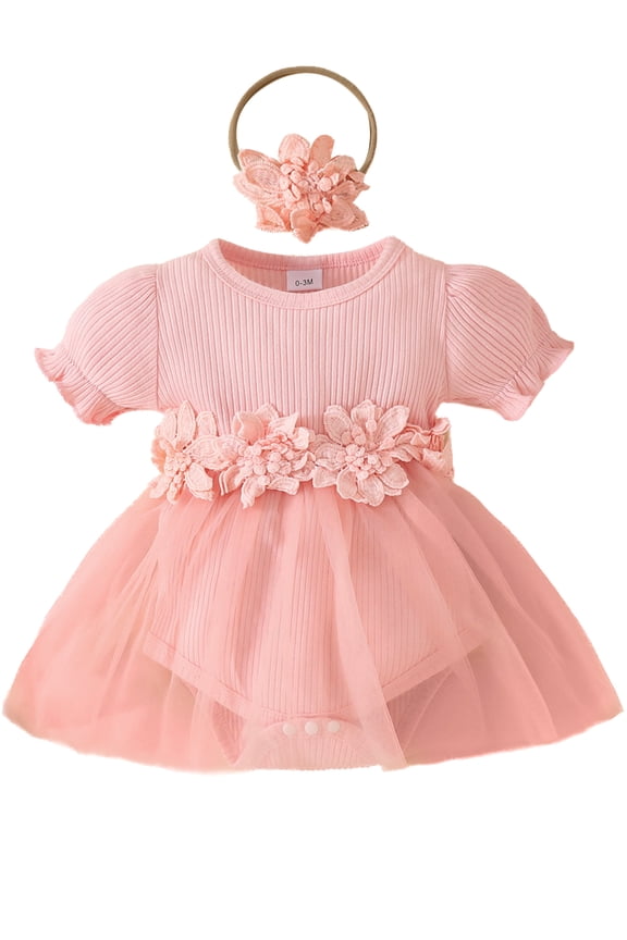 Newborn Baby Girls Summer Romper Dress Infant Flower Embroidery Mesh Tulle Skirt Hem Ribbed Jumpsuit and Headband