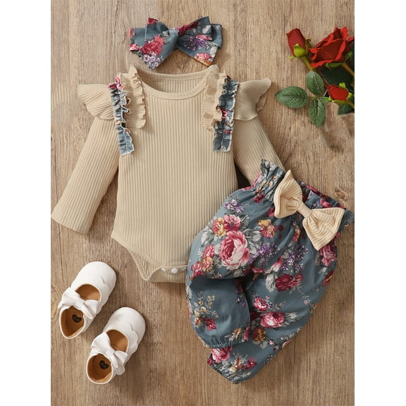 ENFLASH Newborn Infant Baby Girl Clothes Ruffle Ribbed Romper Toddler Girl Floral Cotton Pant Sets Girls Clothing Outfit