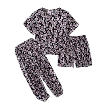 ENFLASH Rainbow Pajamas for 3-12Years Children Girls Cozy 3-Piece Soft Short Sleeves Shorts Set & Pants Cool PJ