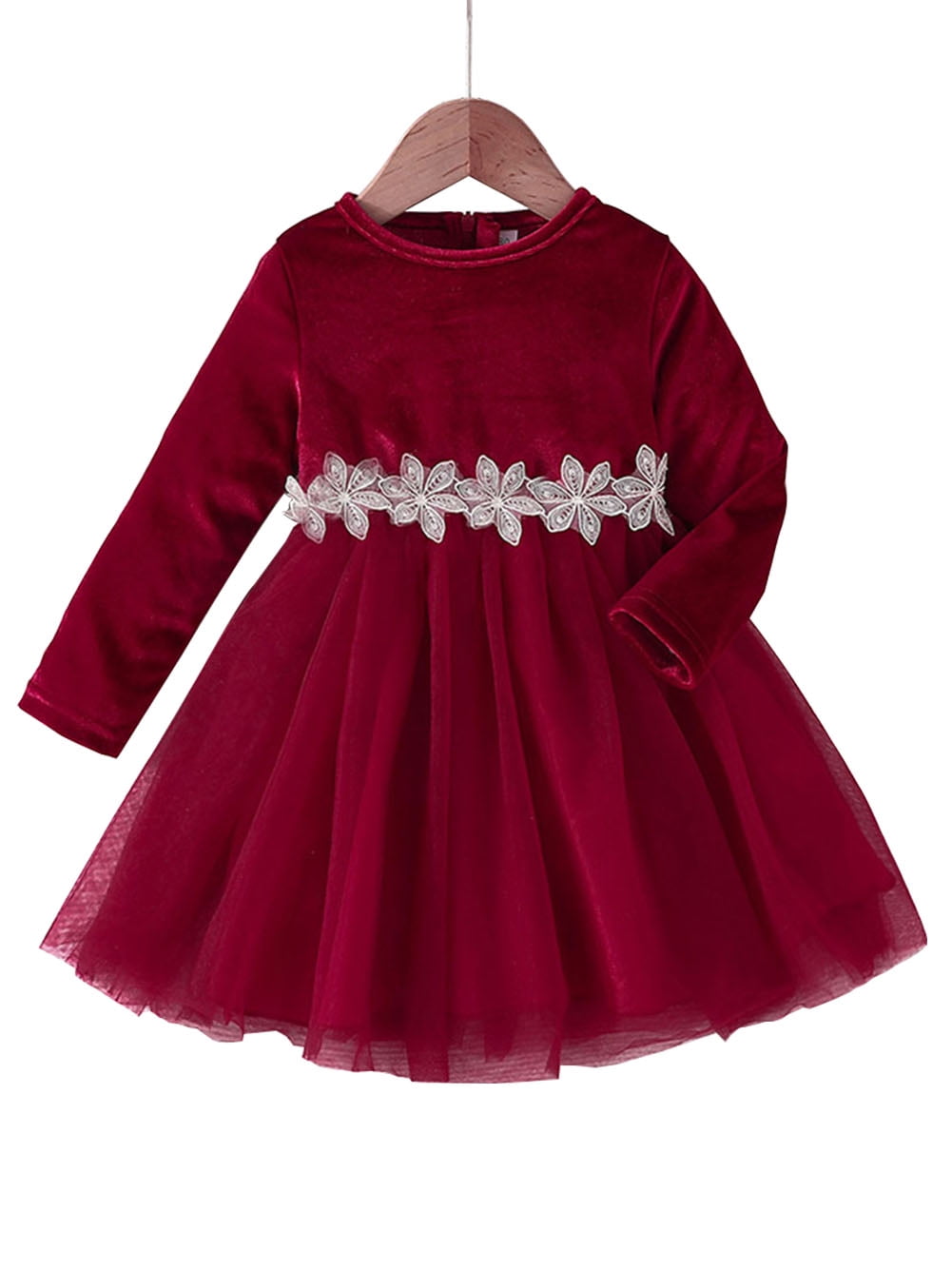 ENFLASH Toddler Baby Girls Long Sleeve Velvet Dress Flower Embroidery