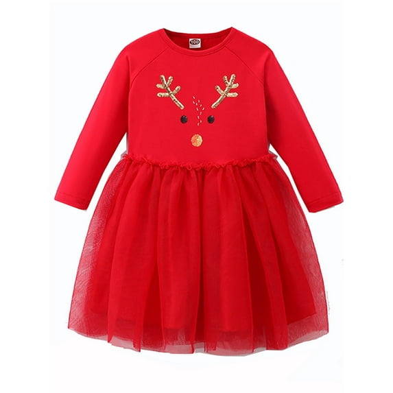 ATAIKU Toddler Girls' Long-Sleeve Dress Princess Tutu Tulle Dress Xmas - Deer