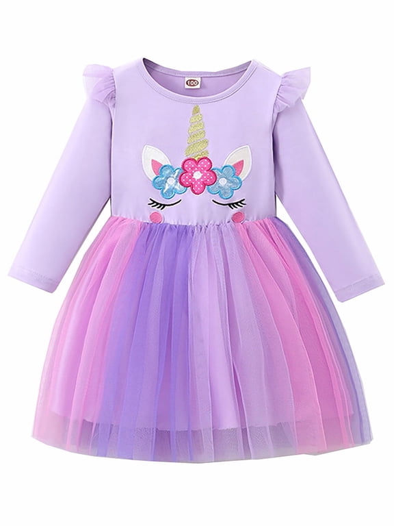 Toddler Girls' Long-Sleeve Dress Princess Tutu Tulle Dress Xmas - Unicorn