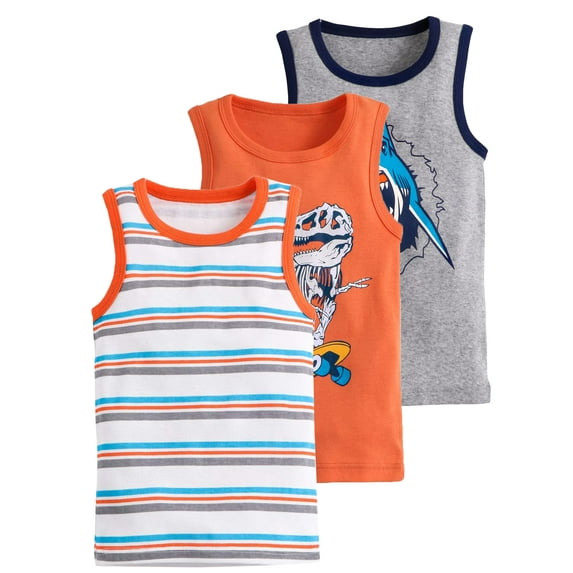 ENFLASH Toddler Kids Little Boys' Tank Undershirt Sleeveless Cotton Tank Tops Dinosaur Round Neck Undershirt Tees Pack of 3