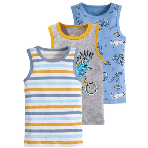 ENFLASH Toddler Kids Little Boys' Tank Undershirt Sleeveless Cotton Tank Tops Dinosaur Round Neck Undershirt Tees Pack of 3