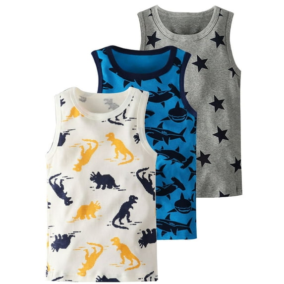 ENFLASH Toddler Kids Little Boys' Tank Undershirt Sleeveless Cotton Tank Tops Shark Round Neck Undershirt Tees Pack of 3