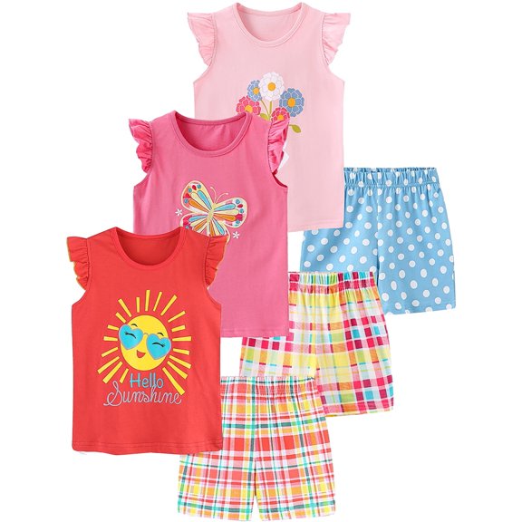 ATAIKU Toddler and Little Girls Pajamas Short Sleeve 100% Cotton Kids Pjs Cartoons Sleepwear Summer Clothes - Sunshine