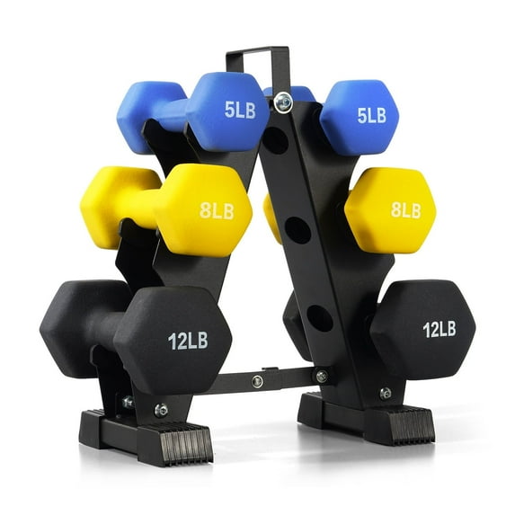 ENFOURCLASS 2-5lbs or 3-8lbs Dumbbell Set with Storage Rack, Cast Iron + Neoprene Hex Grip for Strength Training, Home & Travel
