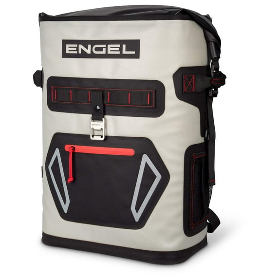 ENGEL 25 Qt Insulated Backpack Cooler BP25 - 24 Cans, Light Gray/Red