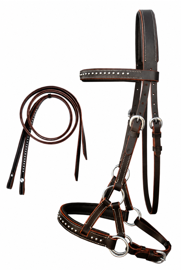 ENGLISH WESTERN HORSE LEATHER BITLESS BRIDLE SIDEPULL HALTER REINS BROWN 7708BRF