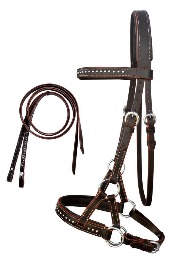 ENGLISH WESTERN HORSE LEATHER BITLESS BRIDLE SIDEPULL HALTER REINS BROWN 7708BRF
