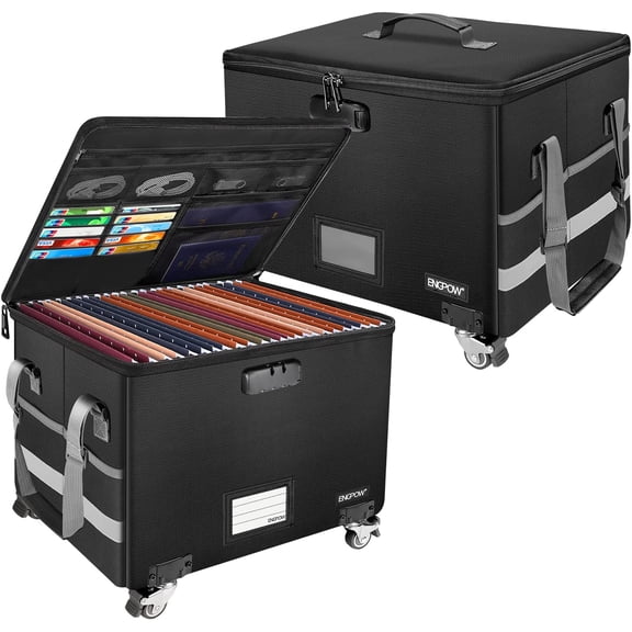 ENGPOW Fireproof Document Box with Wheels,Collapsible File Box with LockRolling File Storage Organizer Filing Cabinet with Pockets,Portable Home Office Safe for Hanging Letter/Legal Folder,2 Pack