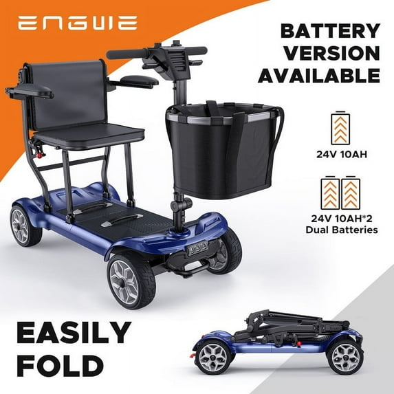 ENGWE 4 Wheel Mobility Scooter for Adults Seniors - Ease 2 Pro Luxury 24V 10A Li-ion Battery Lightweight 42.6lb Compact Folding Portable to Travel 270W Motor, Headlight Basket, Single Battery-Blue