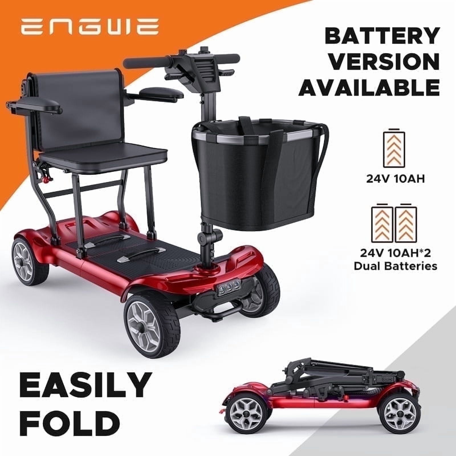 ENGWE 4 Wheel Mobility Scooter for Seniors&Adults ,Lightweight Folding Electric Mobility Scooter with Dual Battery Foldable Wheelchair for 20 Miles Long Range Travel (2 Lithium Batteries) Red