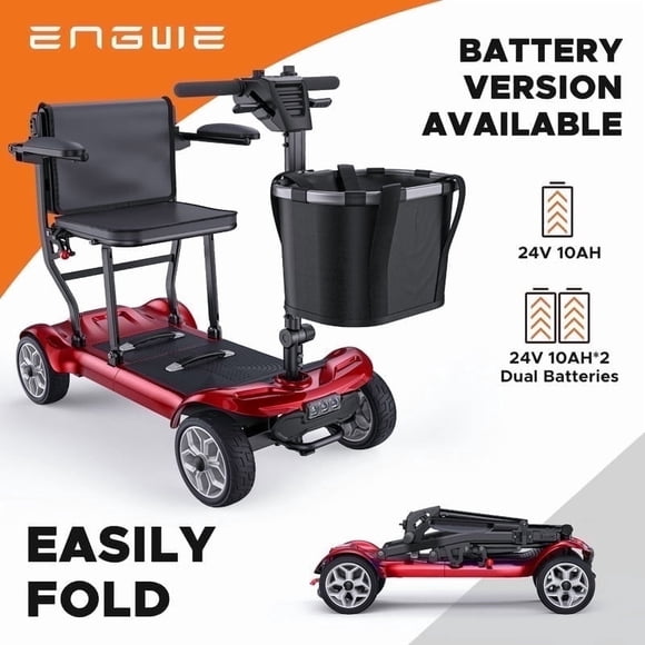ENGWE 4 Wheel Mobility Scooter for Seniors&Adults ,Lightweight Folding Electric Mobility Scooter with Dual Battery Foldable Wheelchair for 20 Miles Long Range Travel (2 Lithium Batteries) Red