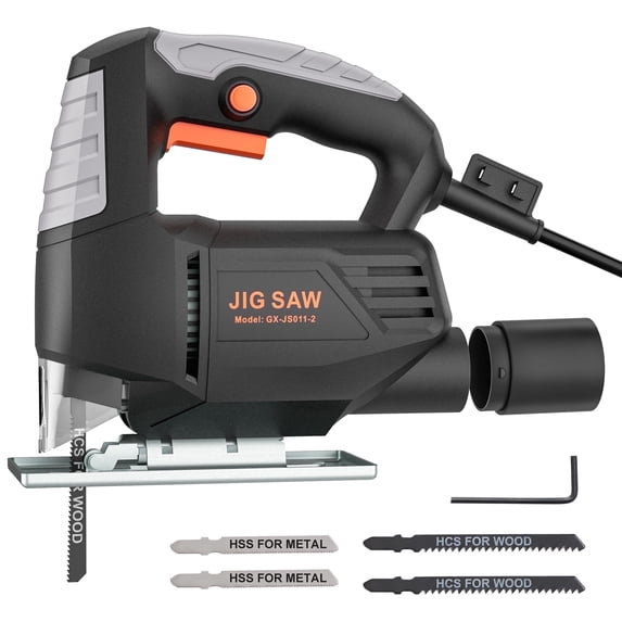 GASKY 3.5 Amp 420W Jigsaw,3000 SPM Jig Saw with 4 Blades & Blade Guard,±45° Bevef Cutting,Dust Blowing for Wood, Metal and Plastic Cutting