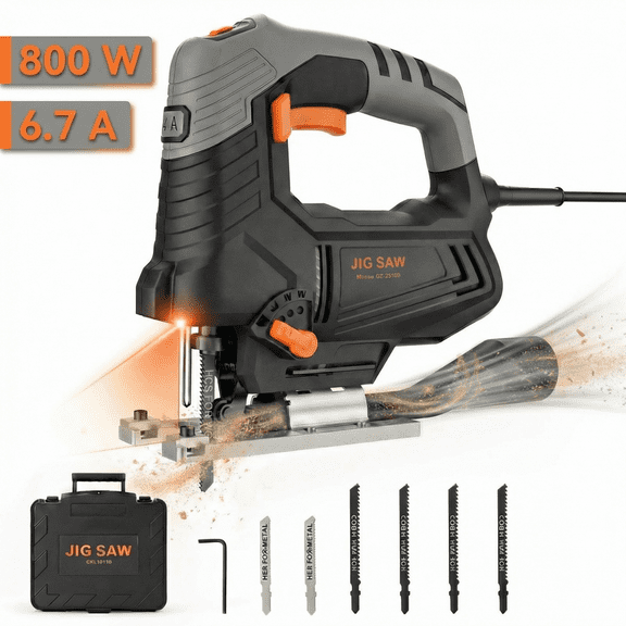 ENGINDOT 800W 120V,6.7A 6 Variable Speed Jigsaw,4 Orbital Power Saw with Laser&LED Light&6 Blades for Wood/Steel/PVC Cutting
