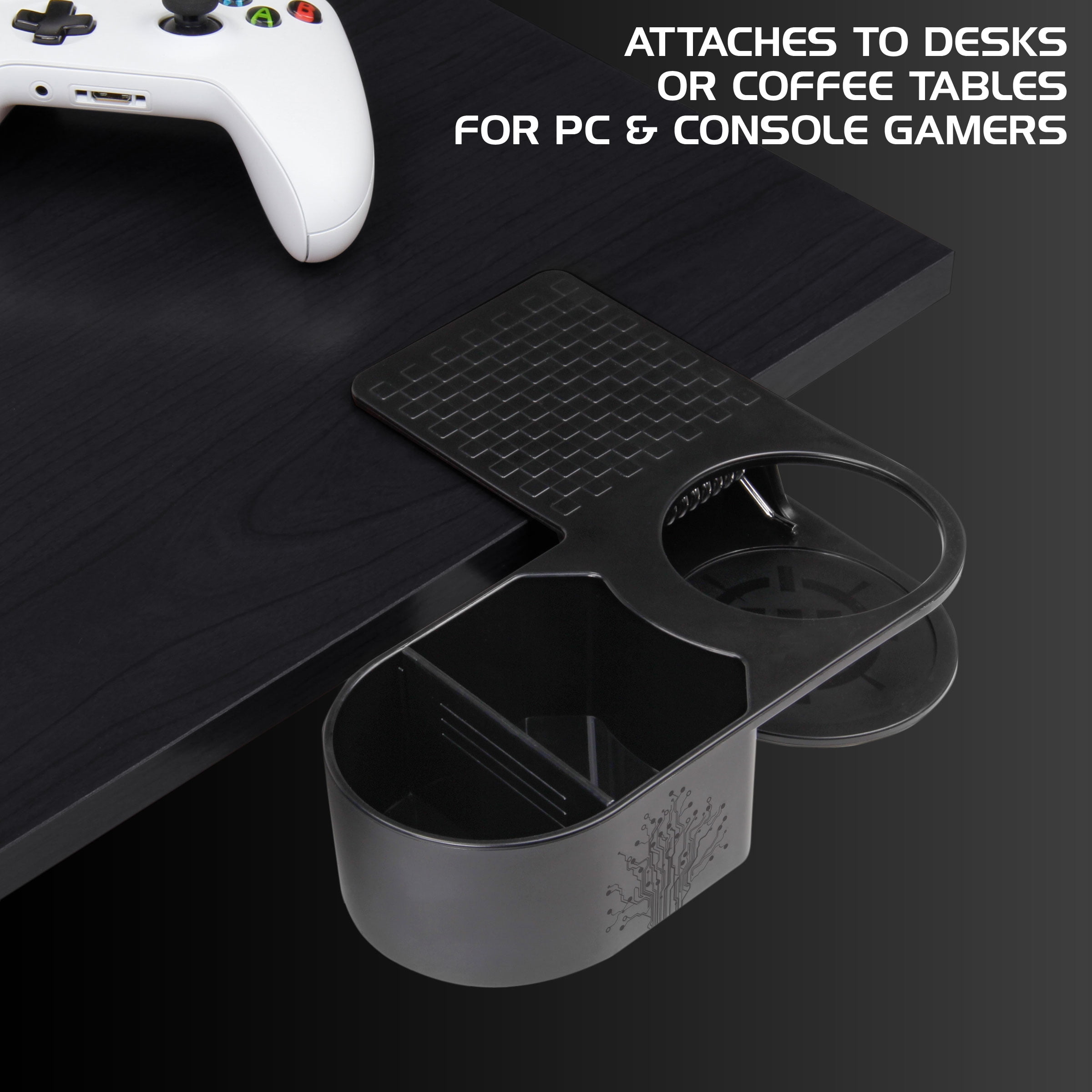 ENHANCE Computer Desk Clip On Cup Holder with Organizer Tray Drink & Accessory Storage with