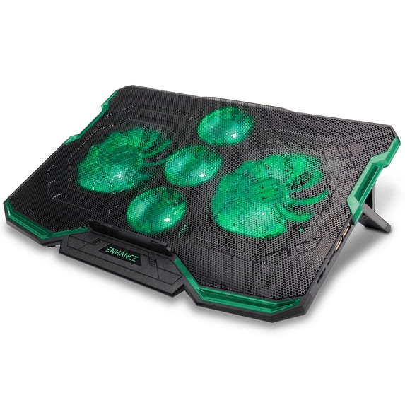 ENHANCE Cryogen Gaming Laptop Cooling Pad - Fits 17 in. Computer , PS4 - Adjustable Laptop Cooling Stand with 5 Quiet Cooler Fans , 2 USB Ports and LED Lighting - Slim Portable Design 2500 RPM (Green)