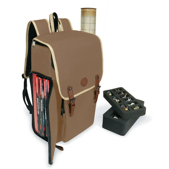 ENHANCE Designer Edition DnD Backpack - Stylish RPG Travel Bag fits 4 Books and Binder (Tan)