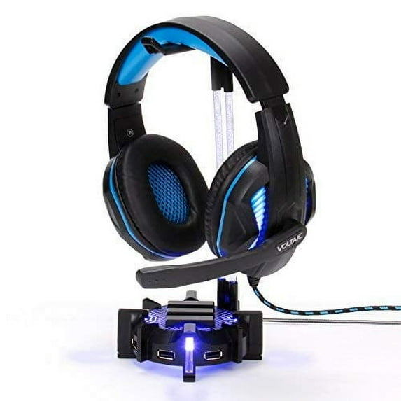 ENHANCE Gaming Headset Stand Headphone Holder with 4 Port USB Hub , Customizable LED Lighting , Flexible Acrylic Neck - Universal Hanger with Weighted Base for Desktop Audio Organization