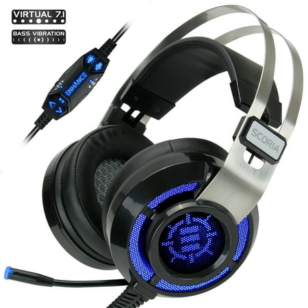 ENHANCE Scoria Gaming Headset for Computer & PS4 with USB 7.1 Surround Sound , Interactive Bass Vibration , Adjustable LED Lighting , In-Line Controls & Retractable Microphone - TeamSpeak Certified