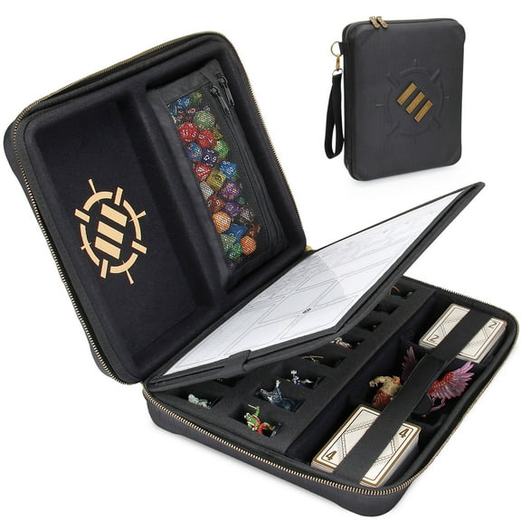ENHANCE Tabletop RPG Organizer Case - DnD Organizer with Built-in Character Sheet Holder and Erasable Scribe Panel, Dice Rolling Area, Removable Pen Pouch, Mini-Figure Foam Tray, Wrist Strap, and more