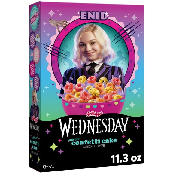 Kellogg's Wednesday Enid Cereal, Breakfast Food, Kids Snacks, Howlin' Confetti Cake, 11.3oz Box (1 Box)