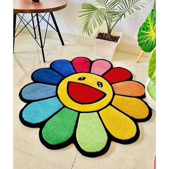 ENIGMA RUGS AND CARPETS Takashi Murakami Handmade Wool Tufted Area Rug, Colorful Floral Smile Pattern, Round Shape, Indoor Use, Living Room & Bedroom Décor | 2x2 Ft